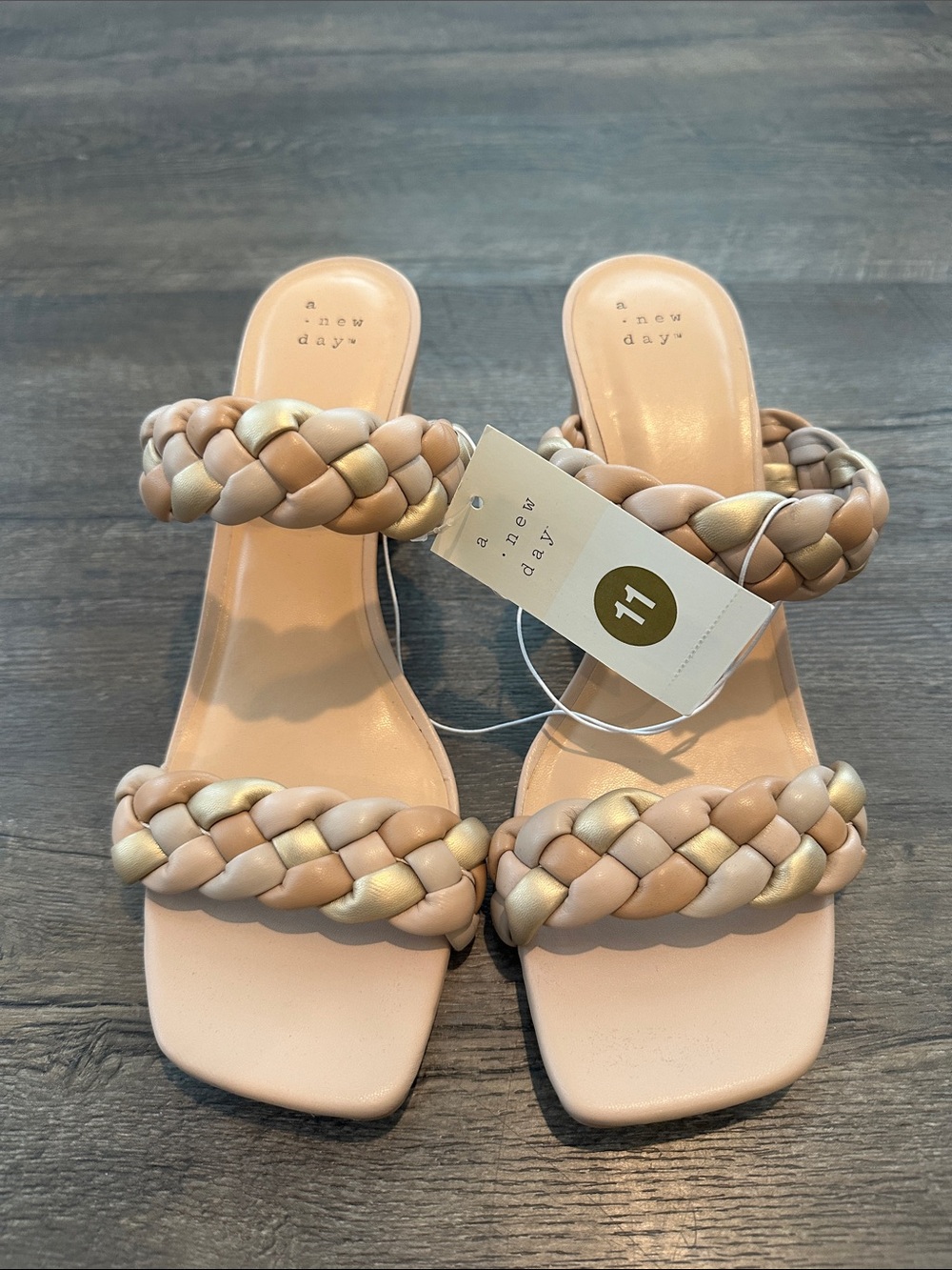 a new day 11 Neutral Braided Double-Strap Slides w/Round Stacked Heel